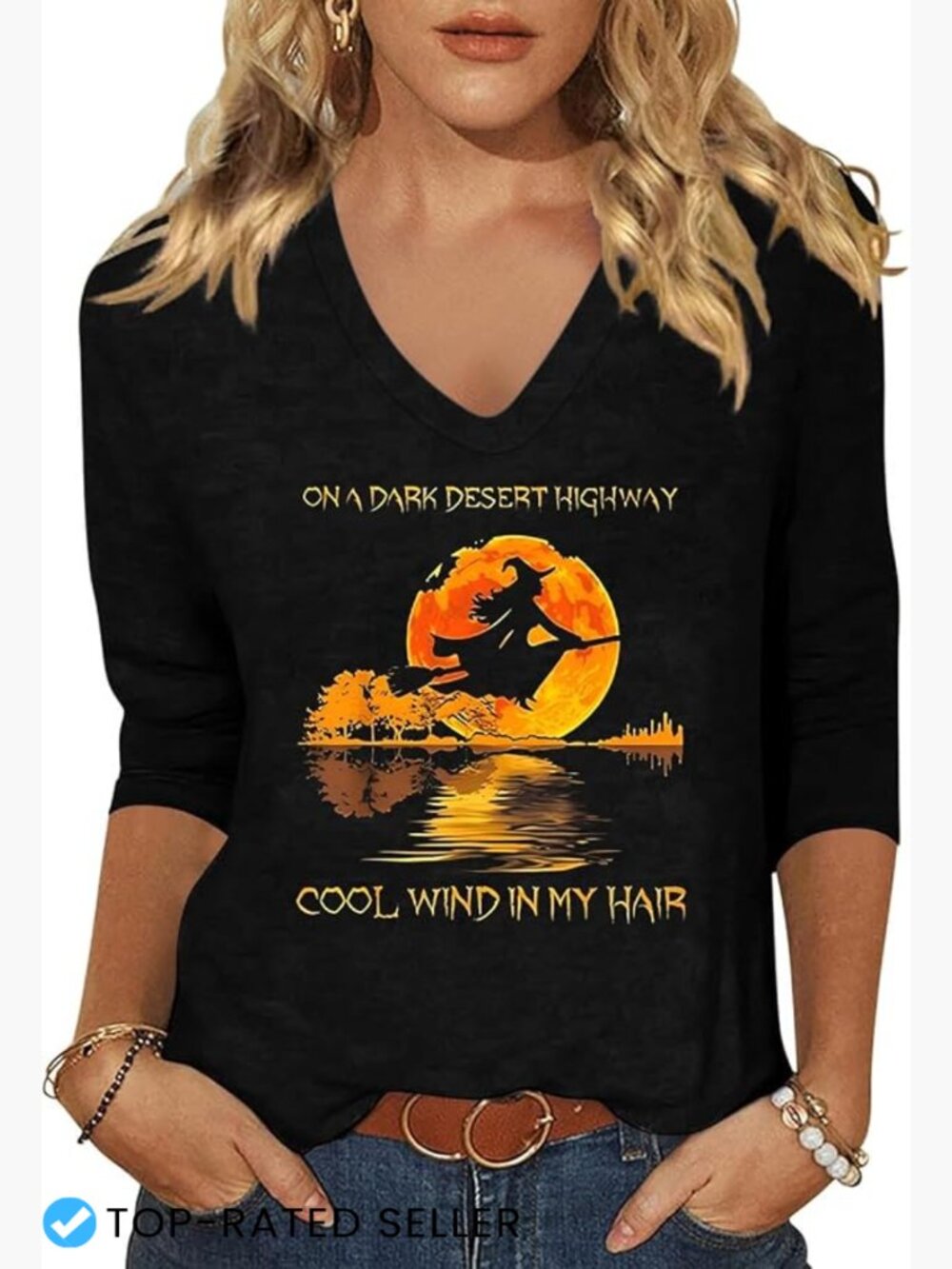 Halloween Ghost Reading Book Graphic Tee 3/4 Sleeve V Neck Casual Fall Novelty